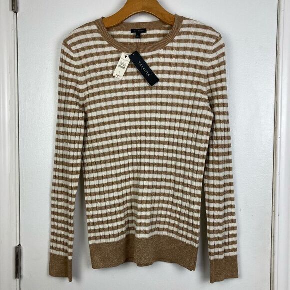 Talbots Metallic Gold Striped Cable Knit Pullover Sweater Crew Neck Shimmer sz S - Picture 1 of 7